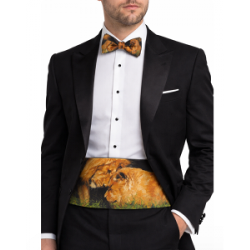 Safari Lion Print Cummerbund & Bow Tie Set - Elegant Animal-Themed Formal Wear for Men - Great Gift for Adventure Seekers